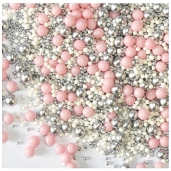 Posypka cukrowa mix perełki i maczki srebrno-różowo-ecru 50 g